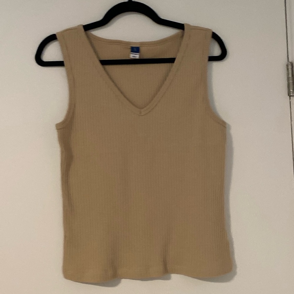 Tan Ribbed V-Neck Tank Top